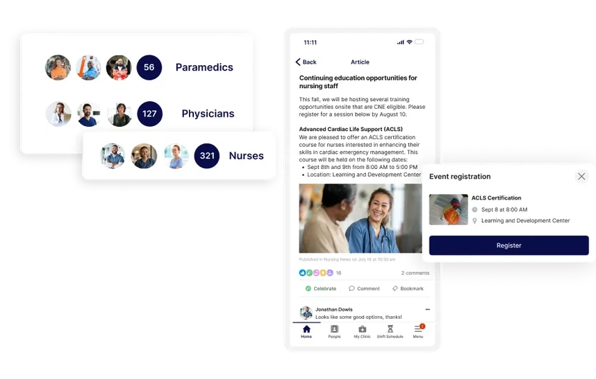 Mobile app interface showing user groups, an article on nursing education, and an event registration pop-up for ACLS certification.
