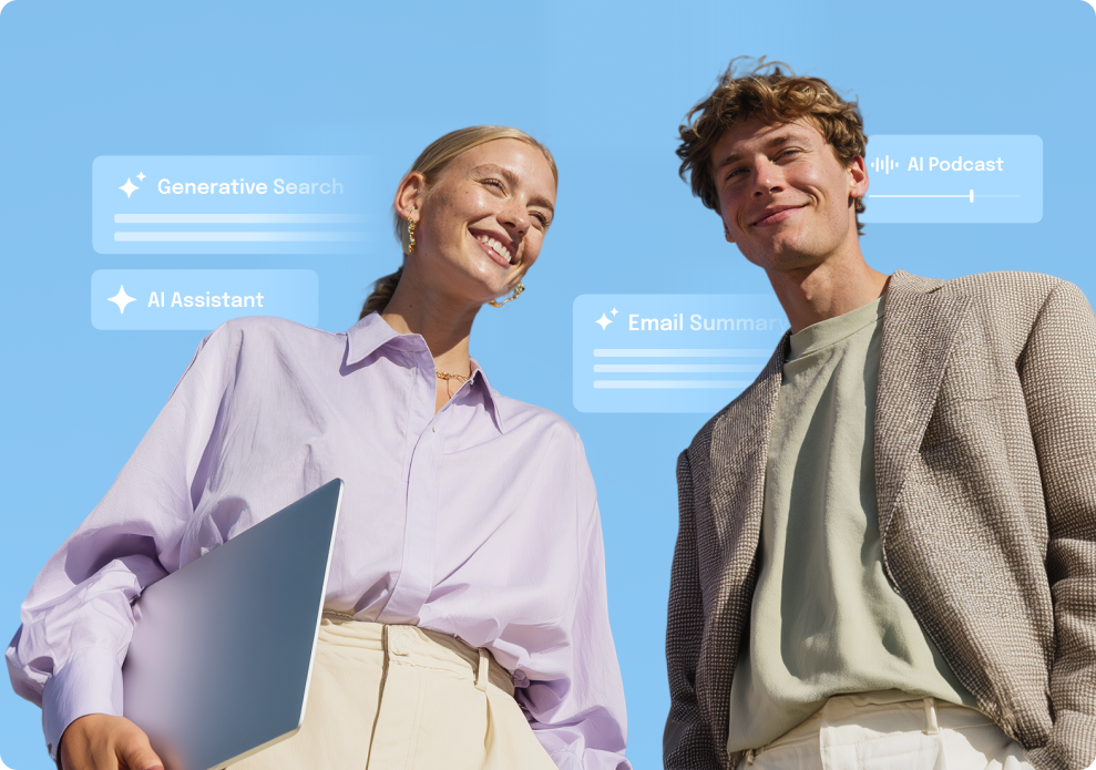 Two people smiling outdoors, one holding a laptop. Digital interface elements in the background. Bright blue sky.