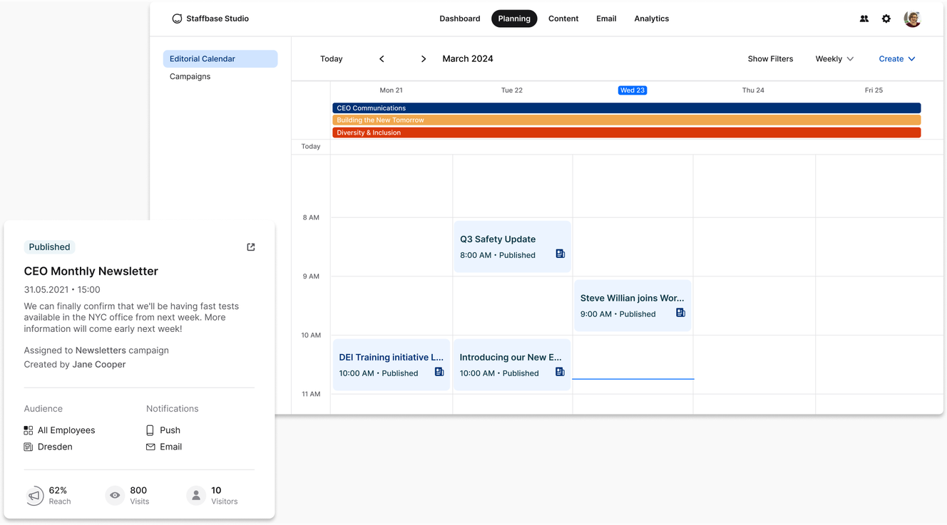 A digital planning calendar showing scheduled events, including a CEO newsletter and various initiatives, with a sidebar detailing the newsletter.