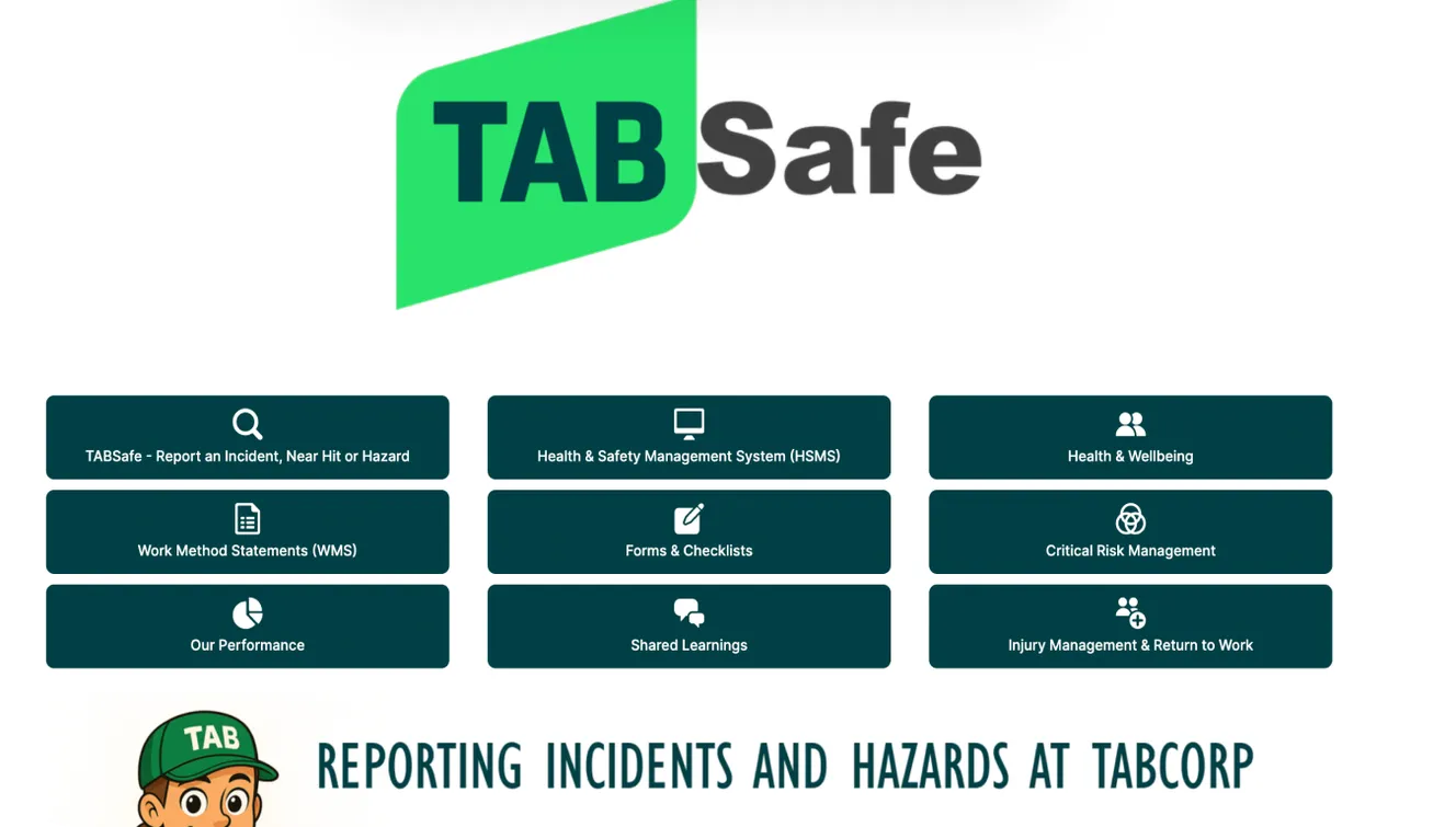 A webpage for "TAB Safe" displaying a grid of buttons for reporting incidents, health and safety management, wellbeing, and work method statements.