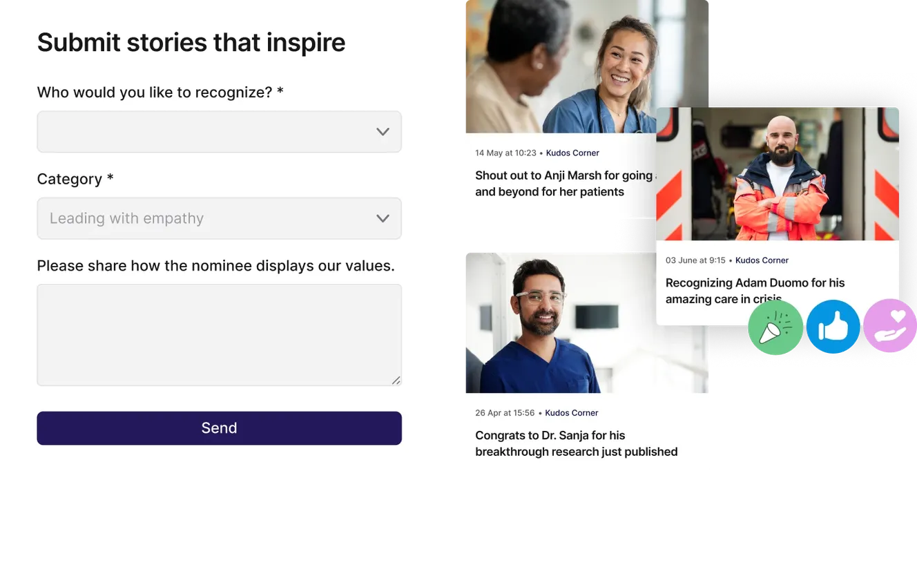 Split screen showing a form to submit inspiring stories on the left, and three recognition posts with healthcare professionals on the right.