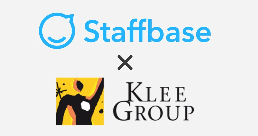 Logos of Staffbase and Klee Group with an "x" symbol in between, indicating a collaboration or partnership.