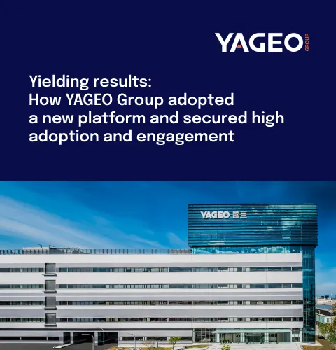 Modern YAGEO Group building with text: "Yielding results: How YAGEO Group adopted a new platform and secured high adoption and engagement."