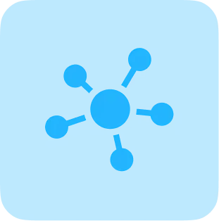 Blue network node icon with a central circle connected to five surrounding nodes, representing centralized management or connected systems.