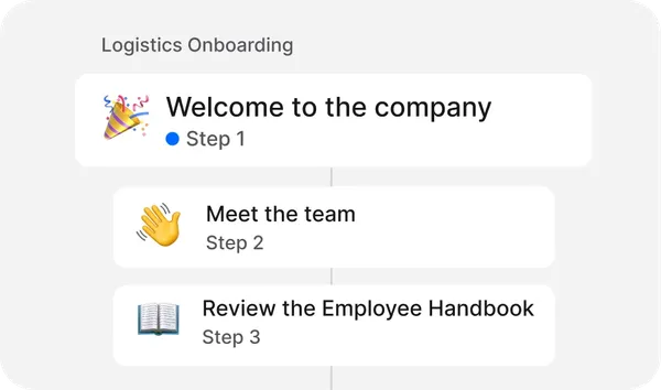 Onboarding steps: 1. Welcome to the company 🎉, 2. Meet the team 👋, 3. Review the Employee Handbook 📖.