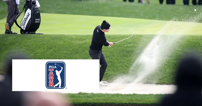 Golfer in black attire hits a shot from a sand bunker on a lush golf course, with a PGA Tour logo overlay in the foreground.