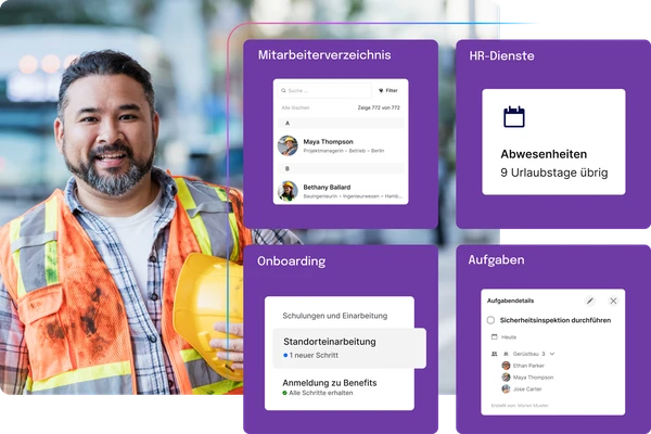 Mitarbeiter in Schutzkleidung vor Kacheln für HR-Dienste, Aufgaben und Onboarding.
