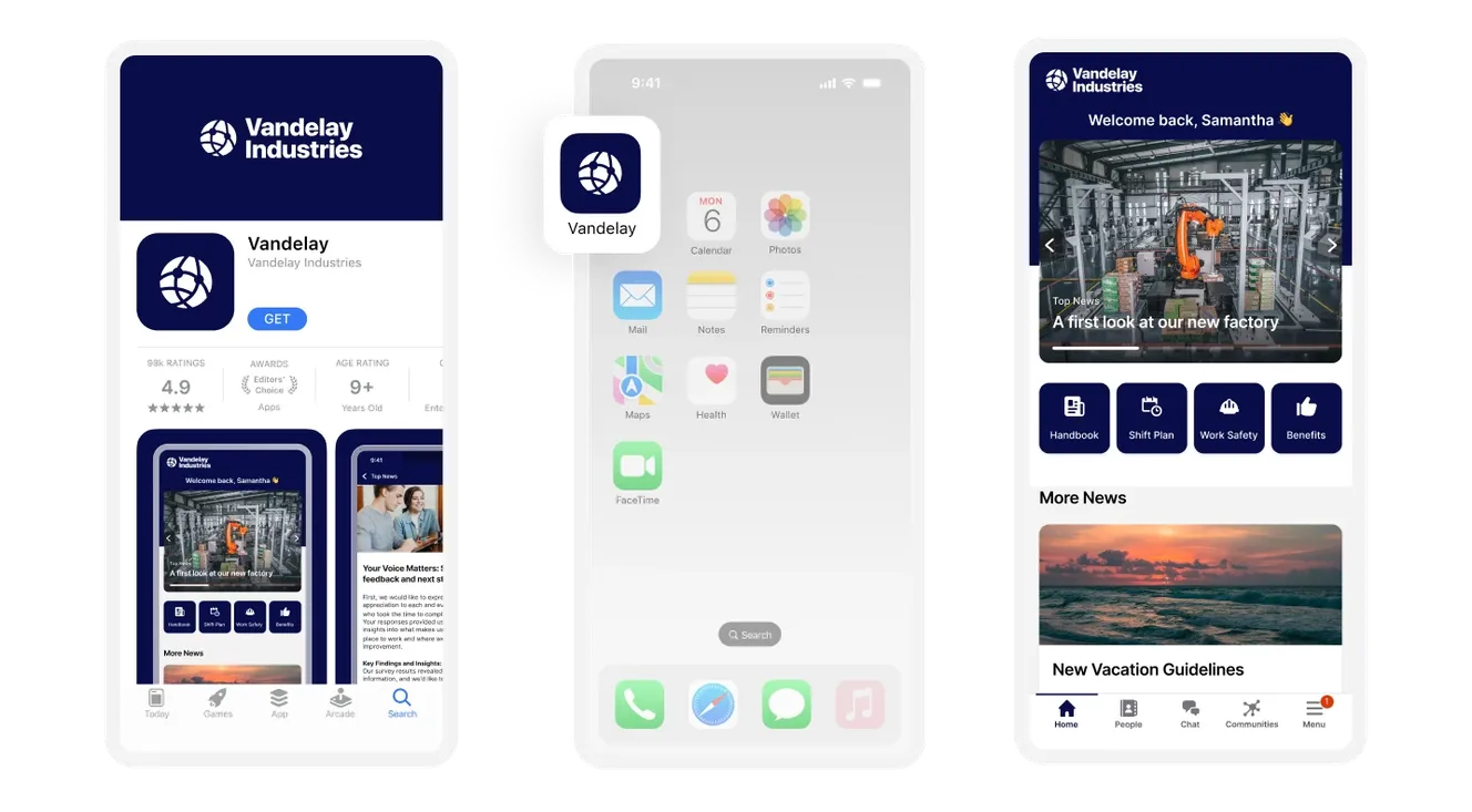 Three smartphone screens showing an app download page, home screen with app icon, and app interface with news and updates from Vandelay Industries.