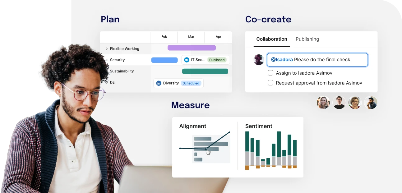 A person using a laptop with a dashboard displaying planning, collaboration, and measurement tools, including charts and task assignments.
