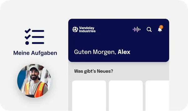 Dashboard-Oberfläche mit der Anzeige „Guten Morgen, Alex“ mit Profilbild, Aufgabenlisten-Symbol und Benachrichtigungsalarm.