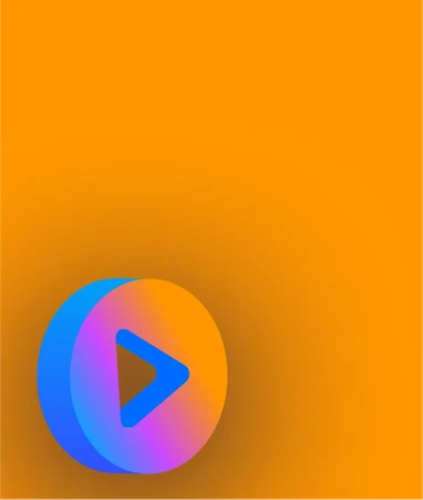 A colorful play button icon with a gradient of blue, pink, and orange hues on a vibrant orange background.