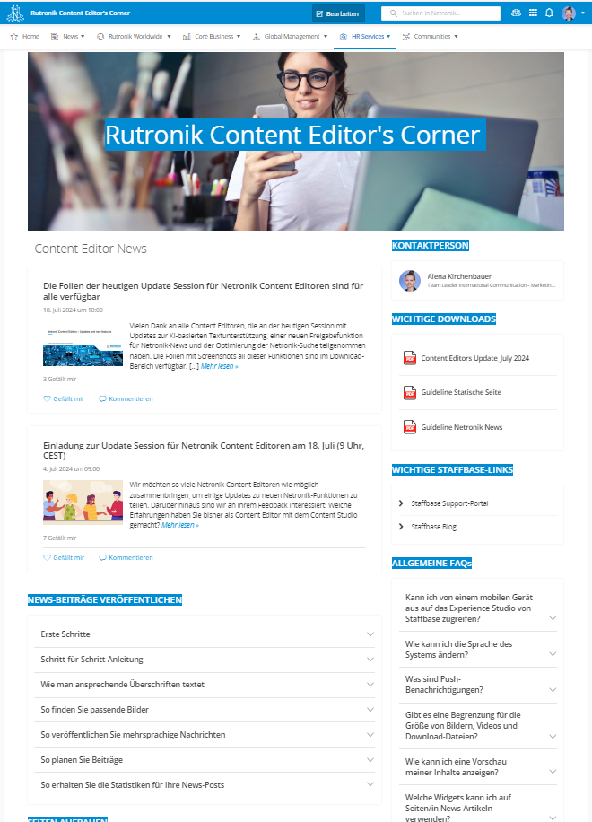 Screenshot of a web page titled "Rutronik Content Editor's Corner," featuring news, updates, contact information, and FAQs for content editors.