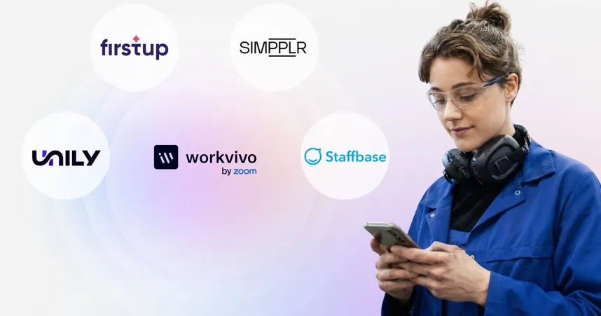 Workvivo alternatives title image of frontline worker on phone