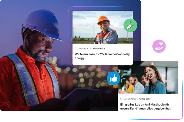 Mitarbeiter im Außeneinsatz mit Schutzhelm nutzt ein Tablet bei Dämmerung; daneben Kacheln aus einer internen Plattform mit Beiträgen zur Mitarbeiteranerkennung, darunter ein Jubiläumspost und ein Dankeschön für besondere Leistungen, ergänzt durch Like- und Anerkennungs-Symbole.