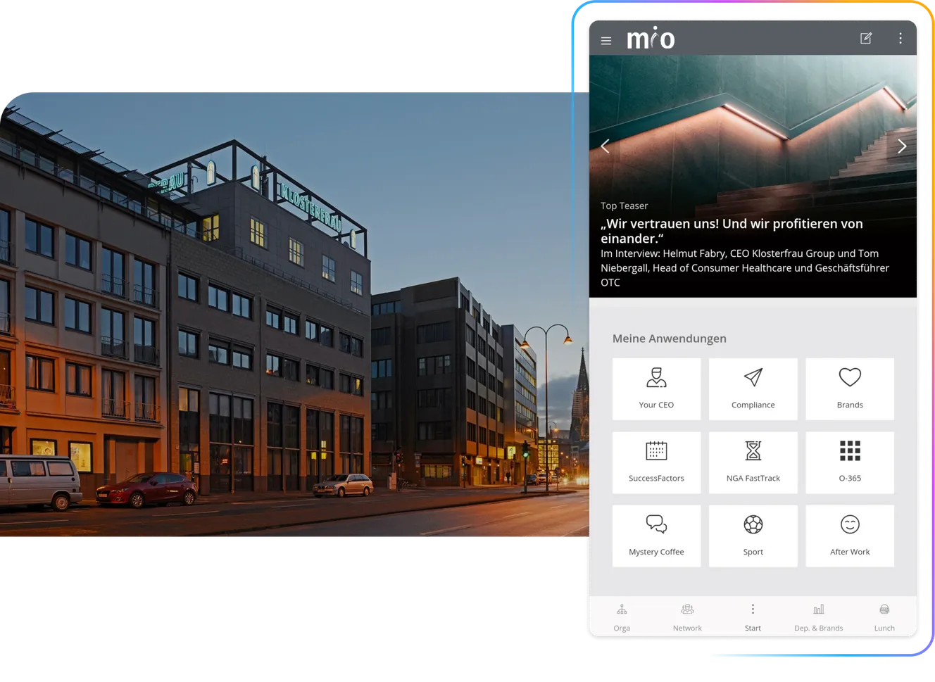 Modern office building at dusk with lit windows. An app interface overlay displays various application icons and a highlighted interview section.