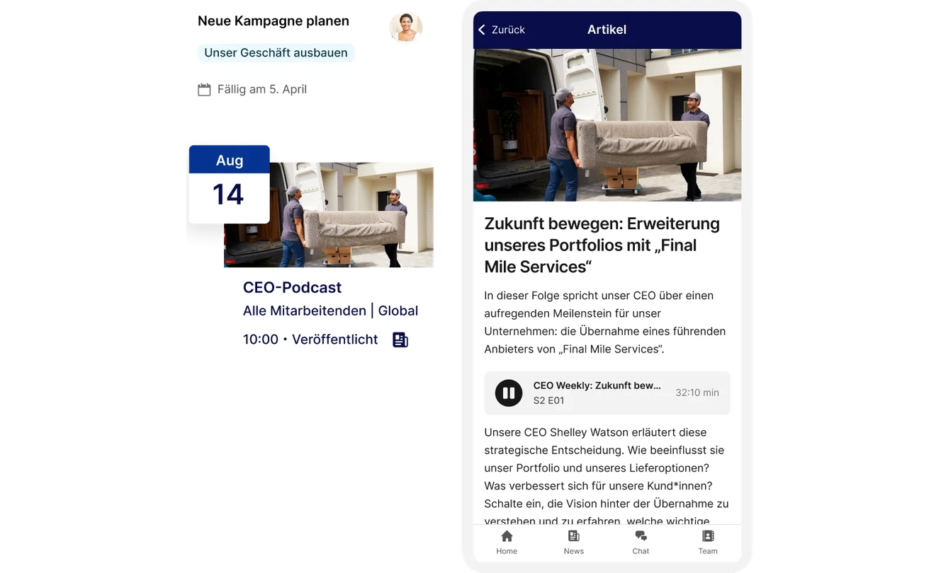 Split-screen image: Left shows a calendar event and podcast details; right shows a podcast article with movers carrying a couch.
