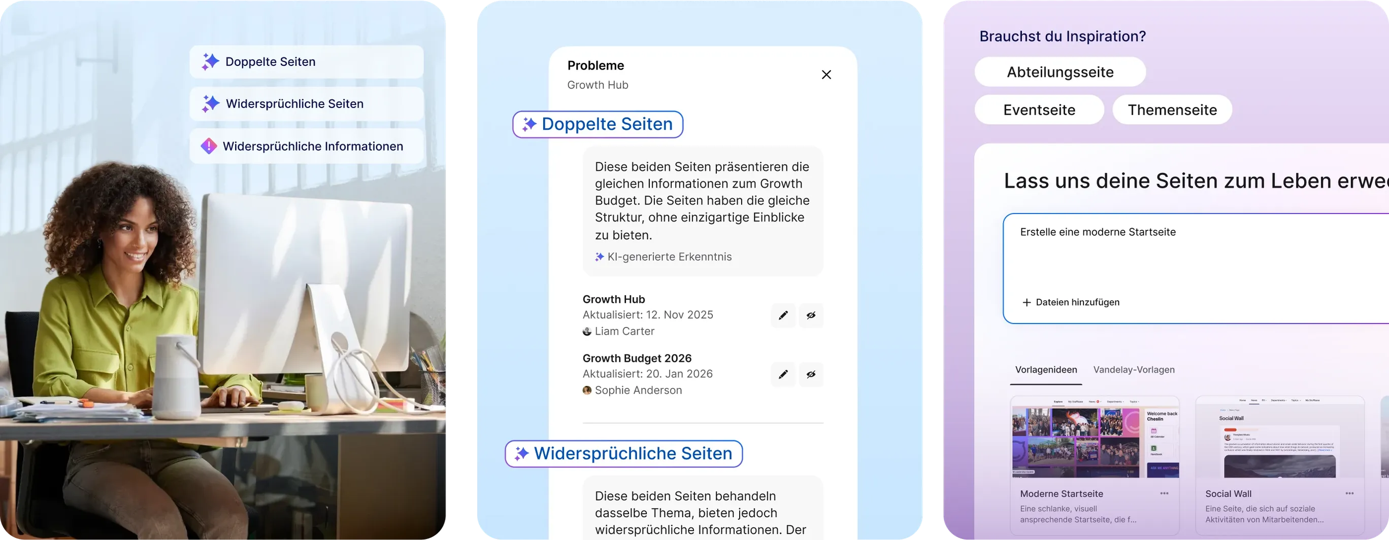 Mitarbeiter arbeitet an einem Schreibtisch im modernen Büro, während daneben Staffbase-Hinweise zu doppelten Seiten, widersprüchlichen Inhalten und Content-Risiken angezeigt werden.