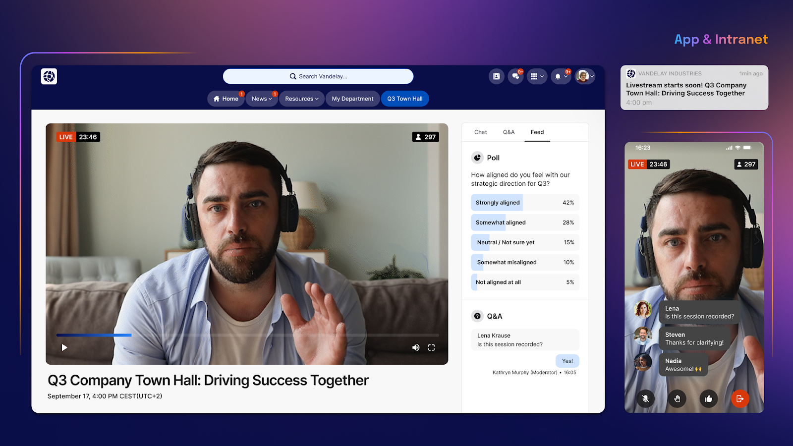 A man wearing headphones speaks during a live-streamed company town hall meeting, with chat and poll features visible on the screen.