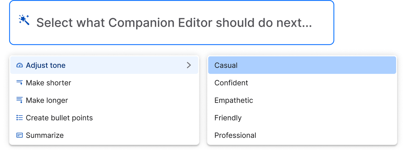 Menu with options to adjust text tone: Casual, Confident, Empathetic, Friendly, Professional. Other actions: Make shorter, longer, bullet points, summarize.