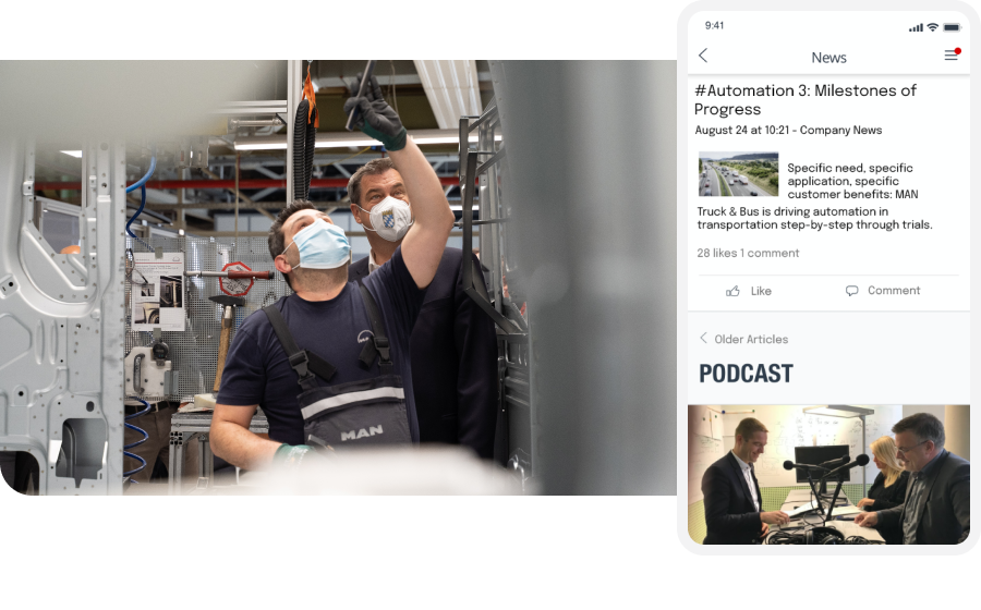 Factory workers wearing masks inspect machinery; adjacent is a smartphone displaying a news article and podcast about automation.