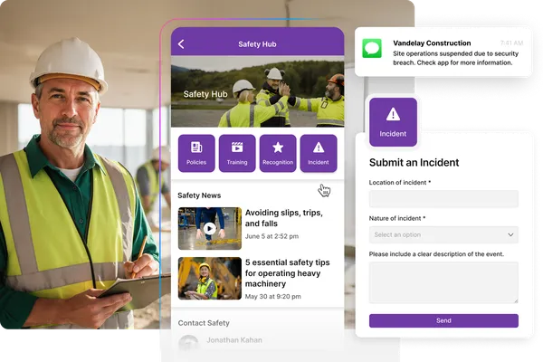 A construction worker holding a tablet displaying a safety app interface, with options for policies, training, and incident reporting.