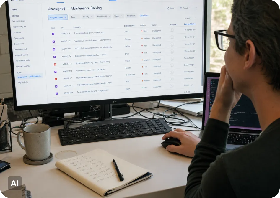 Employee at a desk viewing a project tracker filtered to an unassigned maintenance backlog, with nine high- and medium-priority tickets for broken features across regions left untouched for months