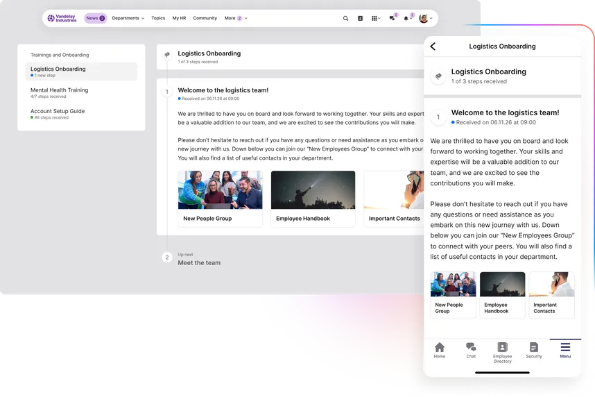 Desktop and mobile views of a logistics onboarding page, featuring welcome text, navigation menu, and sections for new people, handbook, and contacts.