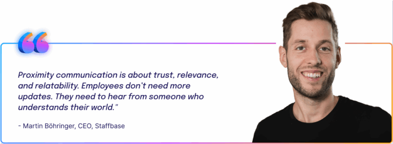Quote from Martin Böhringer, CEO of Staffbase, next to his photo: “Proximity communication is about trust, relevance, and relatability. Employees don’t need more updates. They need to hear from someone who understands their world.”