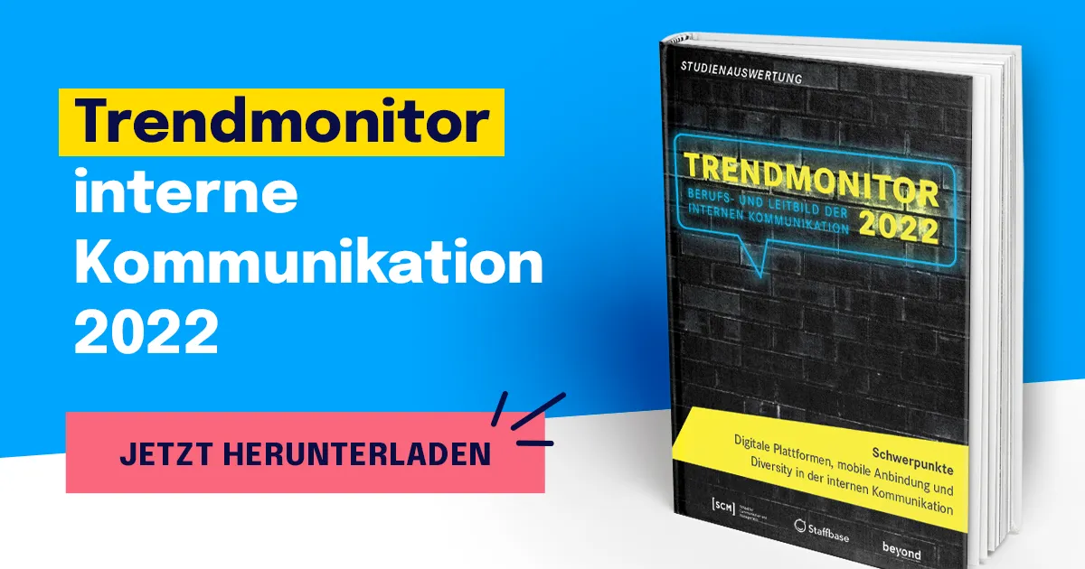 Buchcover des ‚Trendmonitor interne Kommunikation 2022‘ vor blauem Hintergrund. Das Cover zeigt den Titel in Leuchtschrift-Optik und den Untertitel ‚Berufs- und Leitbild der internen Kommunikation‘. Ein gelber Balken nennt Schwerpunkte wie digitale Plattformen, mobile Anbindung und Diversity. Daneben ein pinker Button mit der Aufschrift ‚Jetzt herunterladen‘