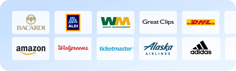 Customer logos including Bacardi, Aldi, Waste Management, Great Clips, DHL, Amazon, Walgreens, Ticketmaster, Alaska Airlines, Adidas