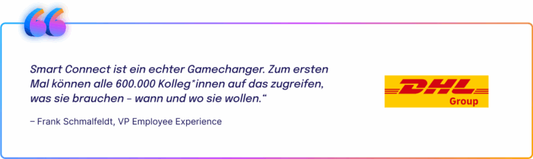 Zitat von Frank Schmalfeldt von DHL Group: „Smart Connect ist ein echter Gamechanger. Zum ersten Mal können alle 600.000 Kolleg*innen auf das zugreifen, was sie brauchen – wann und wo sie wollen.“ Rechts daneben das Logo der DHL Group.
