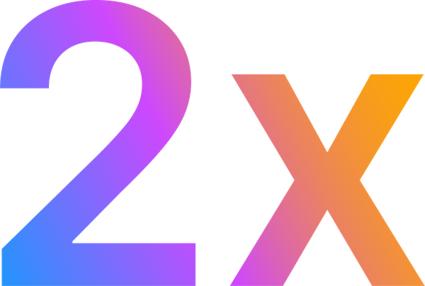 The image shows "2X" in a gradient color, transitioning from purple to orange.