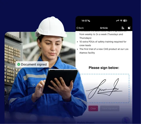 Worker in a hard hat using a tablet; overlay shows a signed document with a signature box and "Please sign below" text.