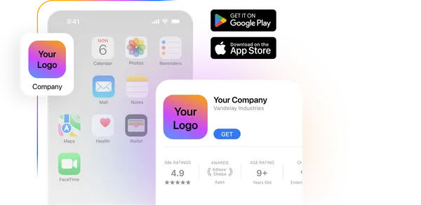 Mobile app icon with "Your Logo" on a smartphone screen, featuring download buttons for Google Play and App Store, and app details displayed.