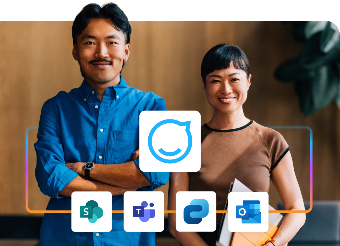 Two people smiling, standing side by side. Overlaid icons: SharePoint, Teams, Power Automate, Outlook, and a central app logo.