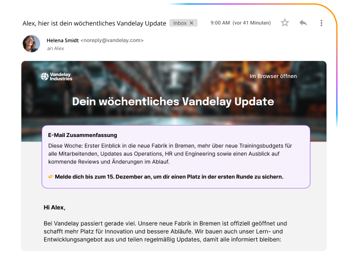 Darstellung einer "Dein wöchentliches Vandelay Update"-E-Mail im Posteingang. Die E-Mail beinhaltet einen großen Banner von Vandelay Industries, eine hervorgehobene "E-Mail Zusammenfassung" (u.a. über die neue Fabrik in Bremen) und den personalisierten Text "Hi Alex".