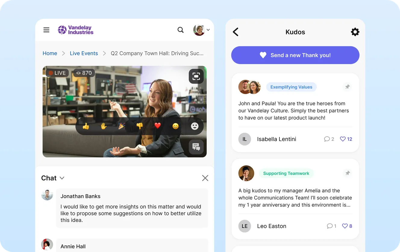 Staffbase mobile screens showing a live town hall stream with reactions and chat, alongside a Kudos feed with employee recognition posts