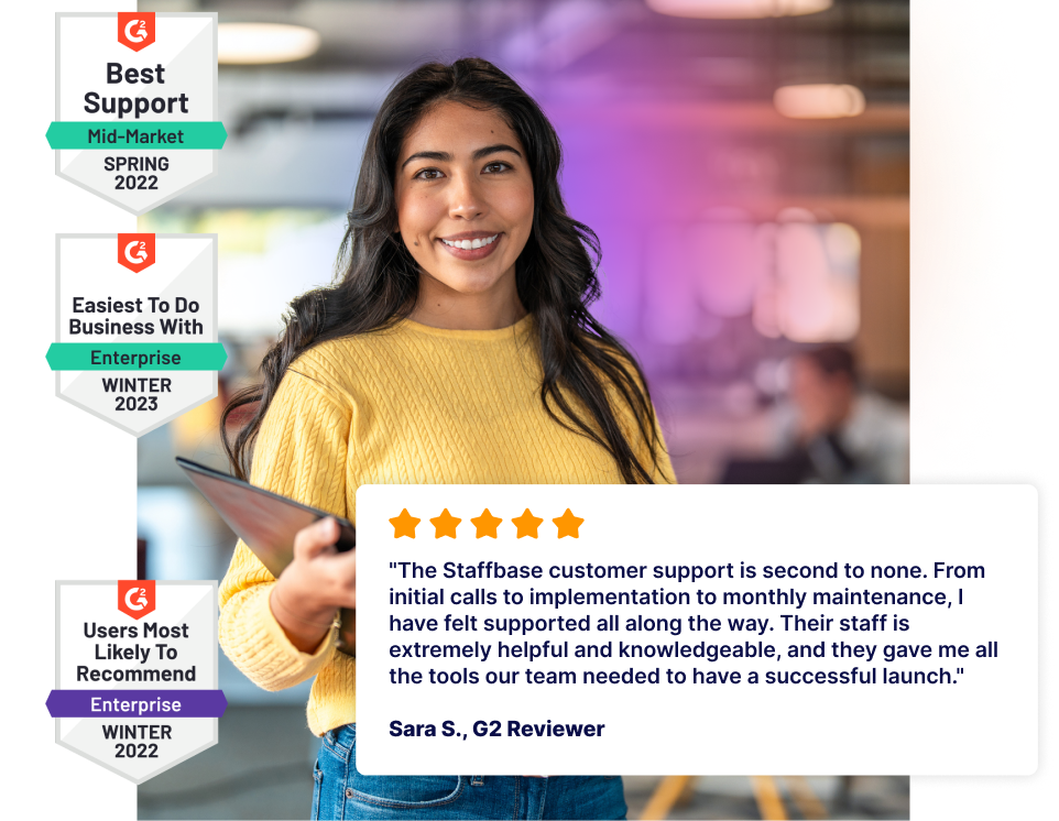 Smiling woman in a yellow sweater holding a tablet, with award badges and a positive customer review displayed beside her.