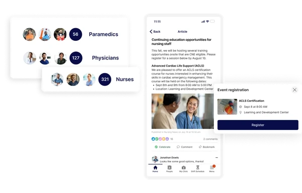 Mobile app interface showing user groups, an article on nursing education, and an event registration pop-up for ACLS certification.