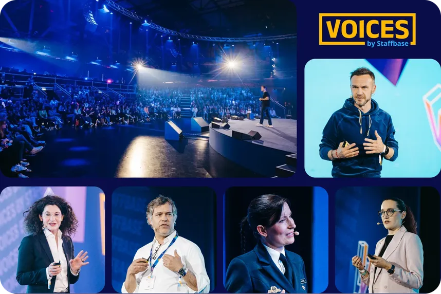 A collage from Voices by Staffbase, a large-scale communications conference. The top panel shows a packed concert-style venue with a speaker on a lit stage facing a large seated audience. Five additional panels show individual speakers presenting on stage — a woman in a blazer gesturing expressively, a man in a white shirt with a lanyard, a woman in a navy uniform with a lapel mic, and a woman in a light blazer holding a remote. The "Voices by Staffbase" logo appears in yellow and white in the top right corner.
