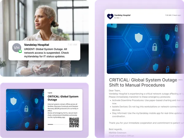 Three images display a hospital alert about a global system outage, featuring a worried professional and a notification on digital devices.