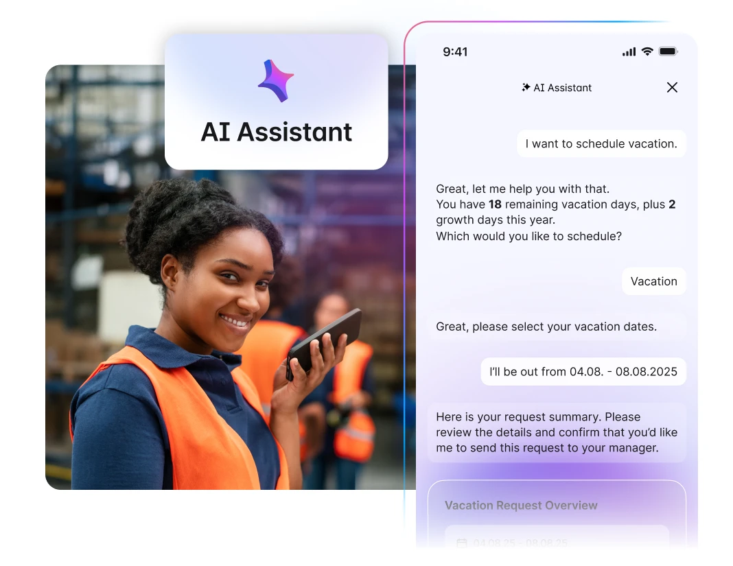 A woman in an orange vest uses a smartphone. Next to her, a screen shows an AI assistant scheduling a vacation via chat.