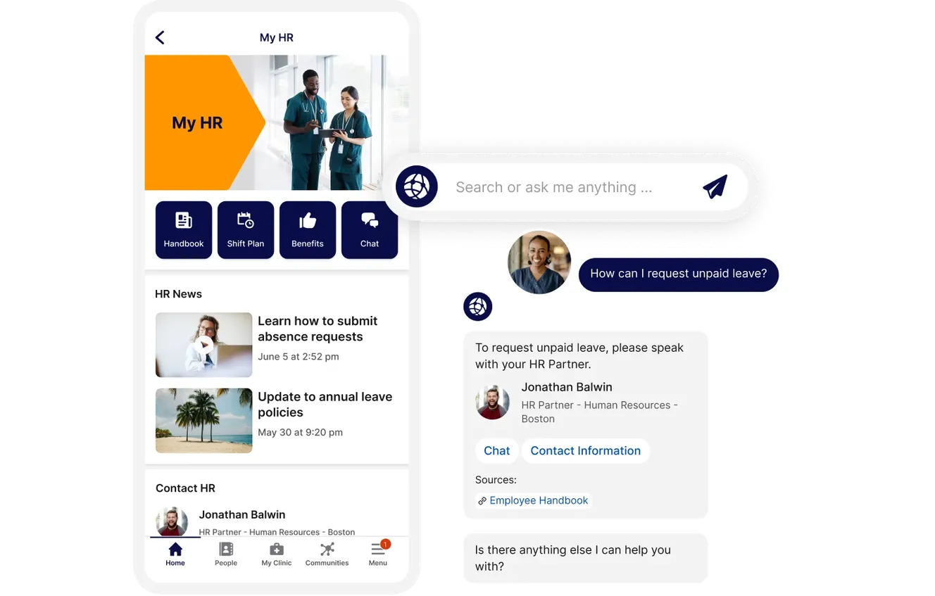 HR app interface showing options for handbook, benefits, and contacts. A chat screen asks about unpaid leave, suggesting speaking with HR.
