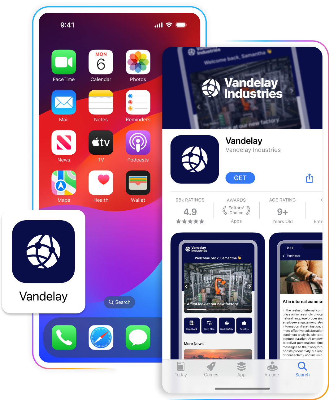 Smartphone screens displaying a home screen with app icons, and an app store page for "Vandelay Industries" with ratings and screenshots.