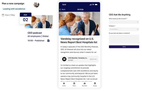 A collage showing a calendar event, podcast details, and a Q&A form, all related to a CEO discussing hospital recognition and excellence.