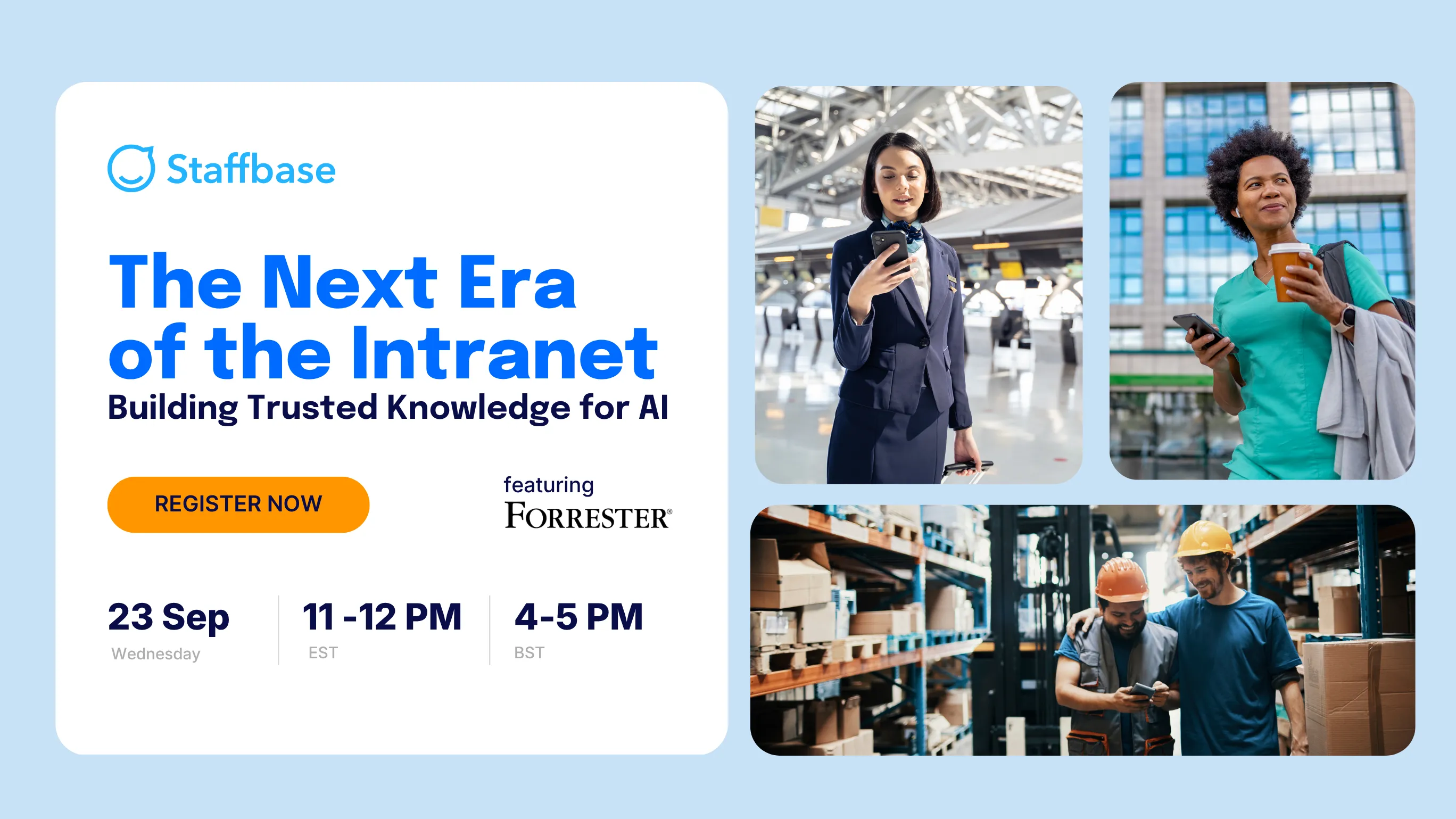 Forrester landing page graphic with professionals on mobile