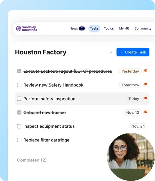 A split-screen interface showing a detailed task view on the left for a safety inspection and a task list on the right. The task list includes "Inspect equipment status" and "Onboard new trainee." The detailed view includes photo attachments of a factory floor and a construction site.