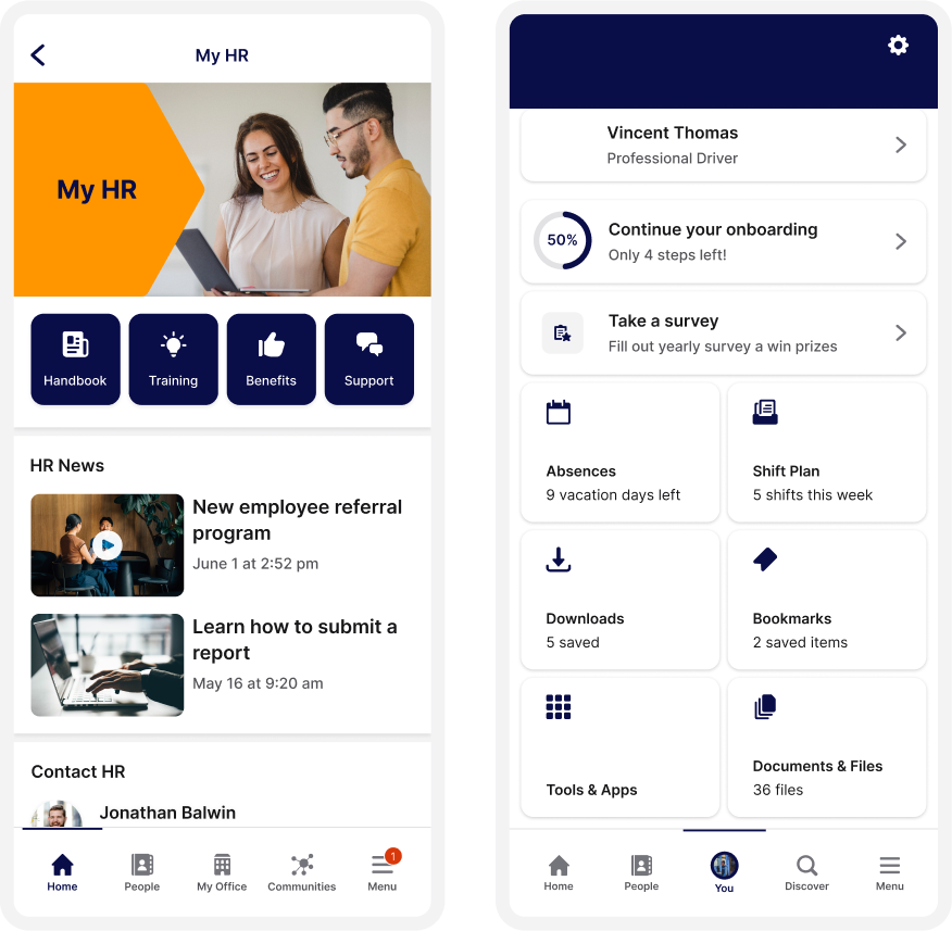 Two mobile app screens showing HR features: news, contact info, tasks, and tools. Includes sections for training, benefits, and surveys.