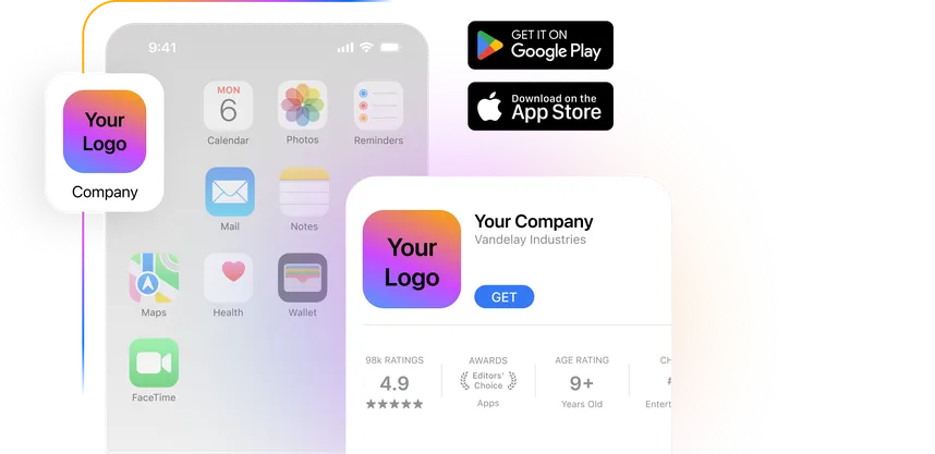 Mobile app icon with "Your Logo" on a smartphone screen, featuring download buttons for Google Play and App Store, and app details displayed.
