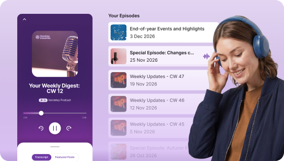 A woman wearing headphones listens to a podcast. The screen shows a playlist with episodes like "Your Weekly Digest: CW 12" and "Special Episode."